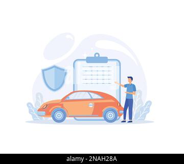 Illustrazione dell'assicurazione del veicolo. Personaggi che acquistano auto, bicicletta e moto polizza assicurativa con copertura e protezione completa. Persone assicurate e o Illustrazione Vettoriale