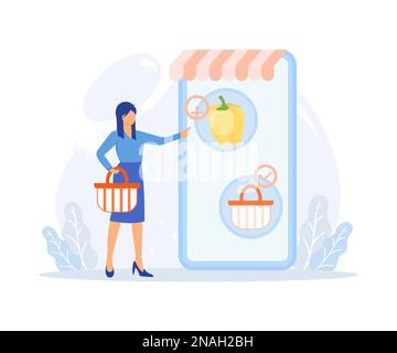 Illustrazione del cibo della drogheria. Carattere che acquista online verdure fresche biologiche e altri generi alimentari, pagando un ordine e ricevendo la consegna. Vect piatto Illustrazione Vettoriale