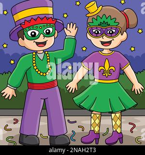 Cartoon colorato per bambina e ragazzo Mardi Gras Jester Illustrazione Vettoriale