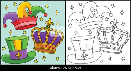 Illustrazione di Mardi Gras King Crown e Jester Hat Illustrazione Vettoriale