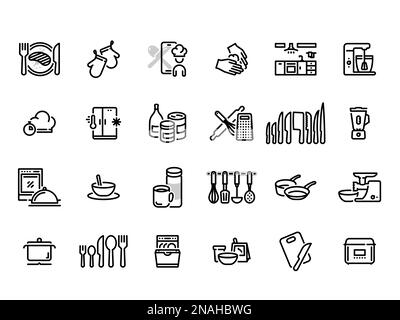Set di icone vettoriali nere, isolate su sfondo bianco. Illustrazione piatta su un tema utensili da cucina, e elettrodomestici Illustrazione Vettoriale
