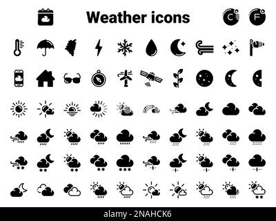 Icone vettoriali semplici. Illustrazione piatta su un tema simboli meteo e cartelli Illustrazione Vettoriale