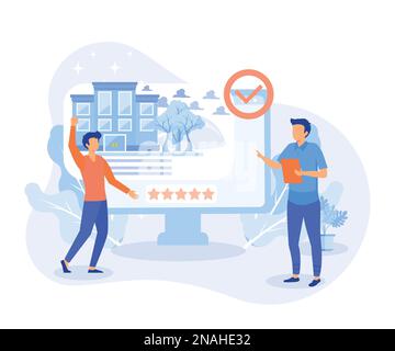 Illustrazione della ricerca immobiliare. Personaggi che cercano e scelgono l'appartamento o la casa per affittare o comprare. Mercato immobiliare concept.flat vettore moder Illustrazione Vettoriale