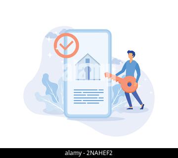 Illustrazione della ricerca immobiliare. Personaggi che cercano e scelgono l'appartamento o la casa per affittare o comprare. Concetto di mercato immobiliare. modalità vettore piatto Illustrazione Vettoriale