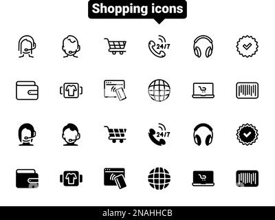 Icone vettoriali semplici. Illustrazione piatta su un tema di acquisto e di ordinazione di merci nel negozio online Illustrazione Vettoriale