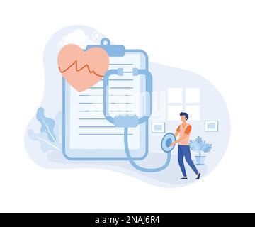 Screening delle malattie cardiache e illustrazione diagnostica. Il medico controlla la pressione sanguigna ed esamina il cardiogramma e il polso sul monitor EKG. Sanità e medi Illustrazione Vettoriale