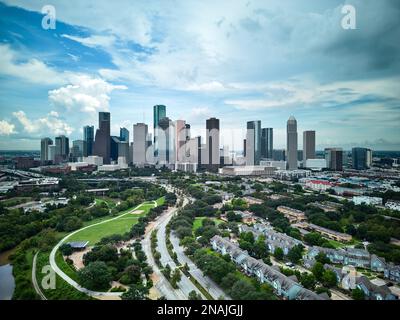 Vista aerea dello skyline del centro di Houston in una giornata libera Foto Stock