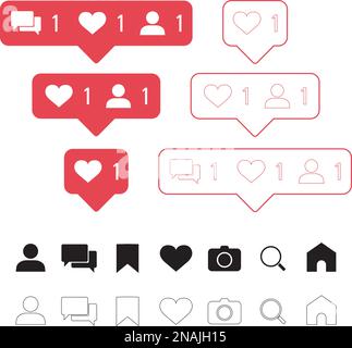 Serie di icone dei social media: Come, follower, comment, home, fotocamera, utente, ricerca, scheda. Illustrazione vettoriale. Illustrazione Vettoriale