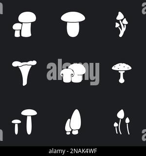 Icone per il tema funghi. Sfondo nero Illustrazione Vettoriale