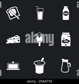 Icone del tema prodotti lattiero-caseari. Sfondo nero Illustrazione Vettoriale