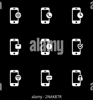 Set di icone semplici su un tema funzioni del telefono, funzionalità, notifica, comunicazione, internet, messaggio, vettore, set. Sfondo nero Illustrazione Vettoriale