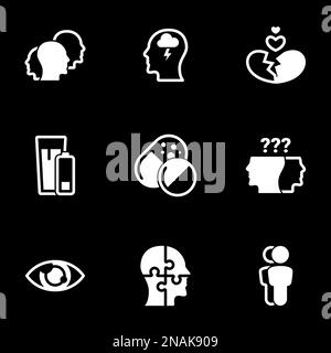 Set di icone semplici su un tema depressione, stress, dolore, antidepressivo, dolore, paura , vettore, set. Icone bianche isolate su sfondo nero Illustrazione Vettoriale