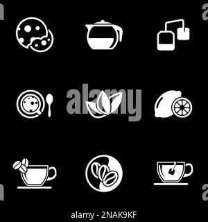 Set di icone semplici su un tema biscotti, tè, bevande, caffè, limone, calce, vettore, set. Sfondo nero Illustrazione Vettoriale