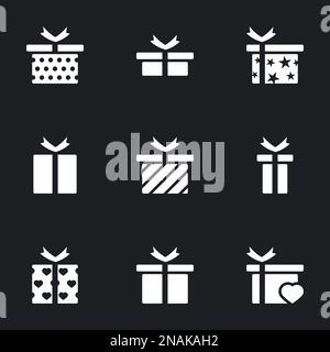 Icone per tema regalo, presente, vettore, icona, set. Sfondo nero Illustrazione Vettoriale