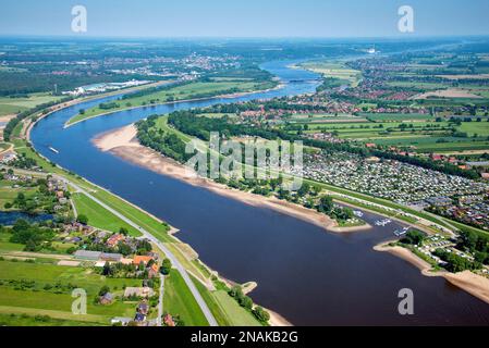 Veduta aerea del paesaggio dell'Elba vicino a Drage, campeggio, Stover Strand, fiume, spiaggia, Marea, bassa, bassa Sassonia, Schleswig-Holstein, Amburgo Foto Stock