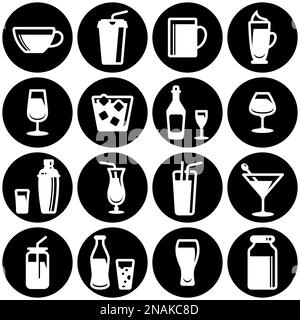 Set di icone semplici su un tema Ristorante, alcool, bicchiere, piatti, bevande, bar, freddo, caldo, forte, vettore, imposta. Sfondo bianco Illustrazione Vettoriale