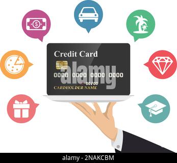Mano che tiene la carta di credito in argento vassoio con icona. Illustrazione circa la spesa e il pagamento. Illustrazione Vettoriale