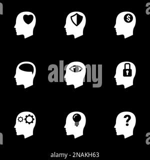Set di icone semplici su un tema uomo, mente, pensiero, occupazione, pensiero, mentale, vettore, set. Sfondo nero Illustrazione Vettoriale