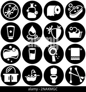 Insieme di icone semplici su un tema igiene, sanificazione, latrina, vettore, disegno, collezione, piatto, segno, simbolo,elemento, oggetto, illustrazione. Sfondo bianco Illustrazione Vettoriale