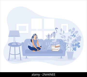 Concetto Home Office, donna che lavora da casa seduta su un divano, studente o freelancer.flat vettore moderna illustrazione Illustrazione Vettoriale