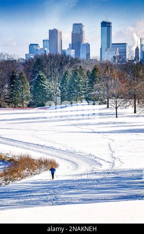 Uno sciatore di fondo scivola attraverso il Theodore Wirth Park a Minneapolis, Minnesota. Foto Stock