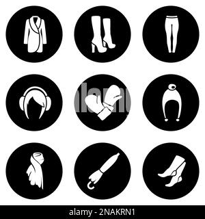 Set di icone semplici su un tema donna abbigliamento, vettore, disegno, collezione, piatto, segno, simbolo, elemento, oggetto, illustrazione, isolato. Sfondo bianco Illustrazione Vettoriale