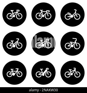 Set di icone bianche isolate su uno sfondo nero, su un tema Bike Illustrazione Vettoriale