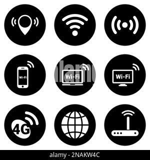 Insieme di icone semplici su un tema Wi-fi , vettore, disegno, collezione, piatto, segno, simbolo, elemento, oggetto, illustrazione, isolato. Sfondo bianco Illustrazione Vettoriale