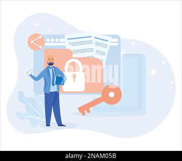 Personaggi che utilizzano i servizi di sicurezza informatica per proteggere i dati personali. Sicurezza dei pagamenti online, documenti condivisi sul cloud, sicurezza dei server e protezione dei dati Illustrazione Vettoriale