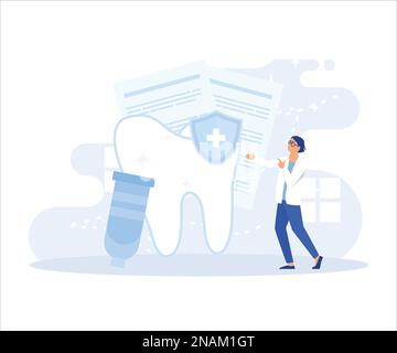 Illustrazione della cura dentale.medico dentista e personale medico che si prende cura dei denti del paziente. Pulizia professionale dei denti, igiene orale e sbiancamento co Illustrazione Vettoriale