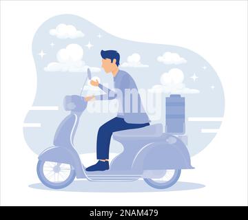 Concetto di servizio di consegna online, tracciamento degli ordini online, consegna a casa e in ufficio. Magazzino, camion, scooter e biciclette corriere, consegna a respi Illustrazione Vettoriale