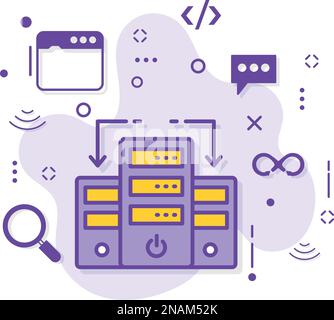 Illustrazione di stock peer to peer, concetto di server di storage HDD Slave Master, progettazione di icone vettoriali per PC server interconnessi, cloud computing e host Internet Illustrazione Vettoriale