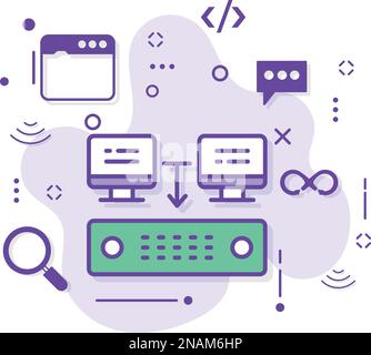 Illustrazione centralizzata di Connected Stock, progettazione di icone vettoriali per server virtuali dedicati, cloud computing e servizi di hosting Internet Symbol Illustrazione Vettoriale