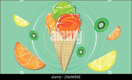 Un delizioso cono gelato al gusto di agrumi. Gelato yummy con pompelmo, limone, kiwi Illustrazione Vettoriale