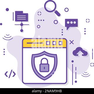 Pagina Web protetta con illustrazione delle scorte con lucchetto e Shield, design delle icone vettoriali per la sicurezza del livello di trasporto, hosting su cloud e servizio Web Symbol Illustrazione Vettoriale