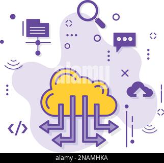 Illustrazione stock delle connessioni ai nodi server Web, concetto di rete cdn per macchine remote, progettazione di icone vettoriali per le connessioni cloud, cloud computing e Internet Illustrazione Vettoriale