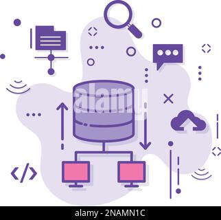 Illustrazione delle scorte di rete ibride di macchine con database condiviso, concetto di trasmissione di server di database centralizzato, memorizzazione dei dati e progettazione di icone vettoriali di accesso Illustrazione Vettoriale