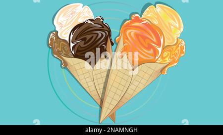 Cono gelato. Deliziosi sapori di fragola, caramello, arancia, cioccolato, budino e vaniglia. Illustrazione Vettoriale