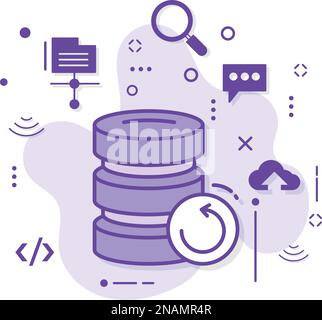 Illustrazione del riavvio o ripristino delle macchine, concetto di ripristino e riavvio del server di database, progettazione di icone vettoriali della macchina per il backup dei dati, cloud computing Illustrazione Vettoriale