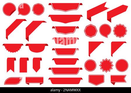 Set di etichette vuote in rosso isolate su sfondo bianco. Set di nastri. Set di adesivi. Illustrazione vettoriale Illustrazione Vettoriale