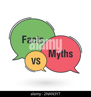 Miti vs fatti. La verità e falsi badge. Bolla del discorso con miti vs testo dei fatti. Concetto aziendale. Illustrazione piatta vettoriale Illustrazione Vettoriale