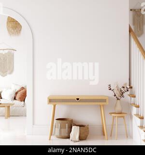 Interni e mockup a parete in stile Boho beige. Vista diritta e ad angolo Foto Stock
