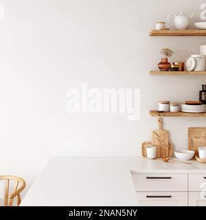 Interni e mockup a parete in stile Boho beige. Vista diritta e ad angolo Foto Stock