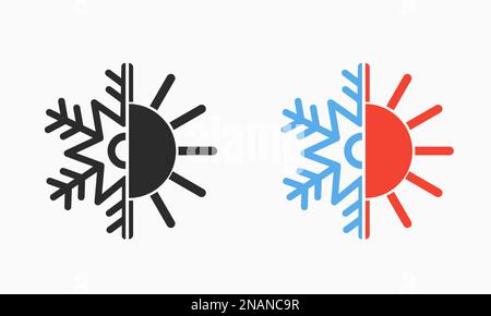 Simbolo di caldo e freddo. Logo Sun and Snowflake All season Concept. Illustrazione piatta vettoriale Illustrazione Vettoriale