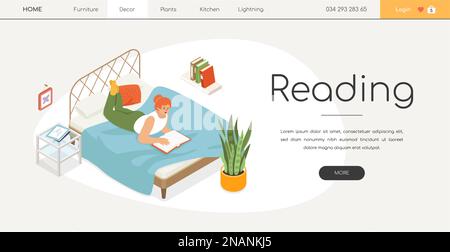 Lettura sul letto - banner web isometrico di colore moderno Illustrazione Vettoriale