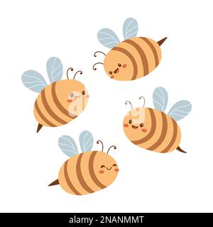 Le api carine hanno impostato il volo. Illustrazione vettoriale dell'ape del doodle in stile piatto. Illustrazione Vettoriale