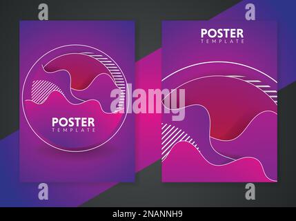 Elementi grafici astratti a gradiente dinamico in stile moderno. Poster viola con forme liquide fluenti, forme ameba. Illustrazione Vettoriale