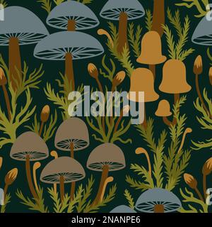 Disegno a mano senza cuciture con funghi di bosco in grigio blu marrone su sfondo verde scuro muschio. Toadstool funghi tossici caps erbe velenose legno bosco, concetto strega, autunno flora disegno Foto Stock