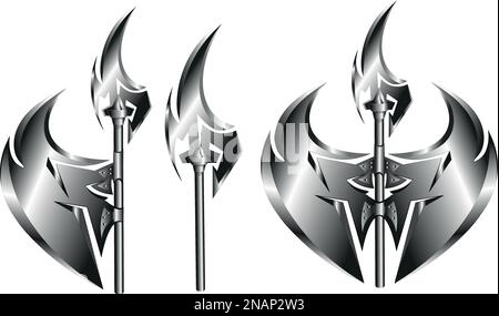 ascia da battaglia a due lati, ascia da battaglia a lama singola, lancia in acciaio per impieghi pesanti. Illustrazione Vettoriale