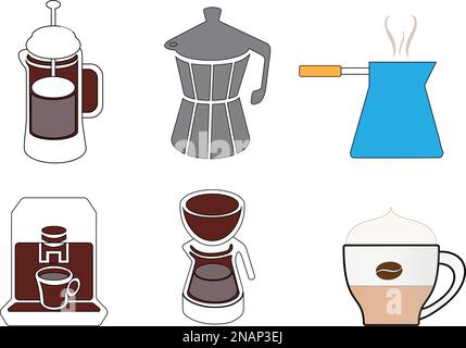 Diverse macchine per il caffè, una tazza di caffè e una caffettiera turca Illustrazione Vettoriale